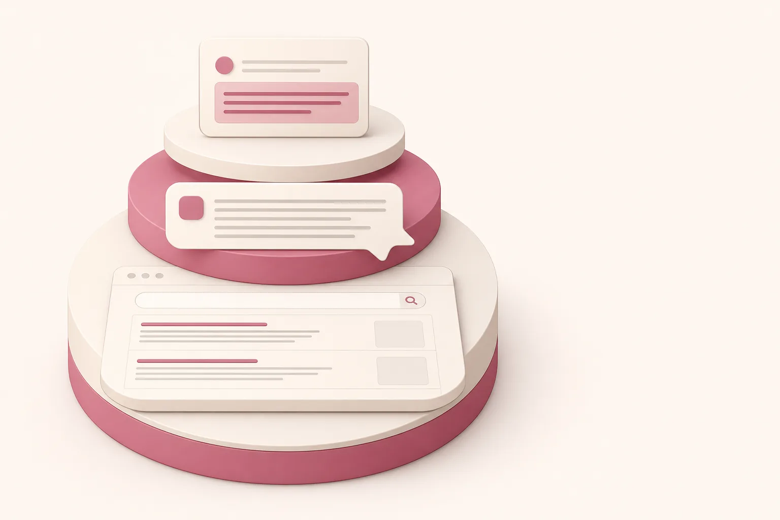 Ilustração isométrica de três camadas de visibilidade digital: resultados de busca, resposta sintetizada por IA e extração de resposta direta, empilhadas com acento rosa-pink