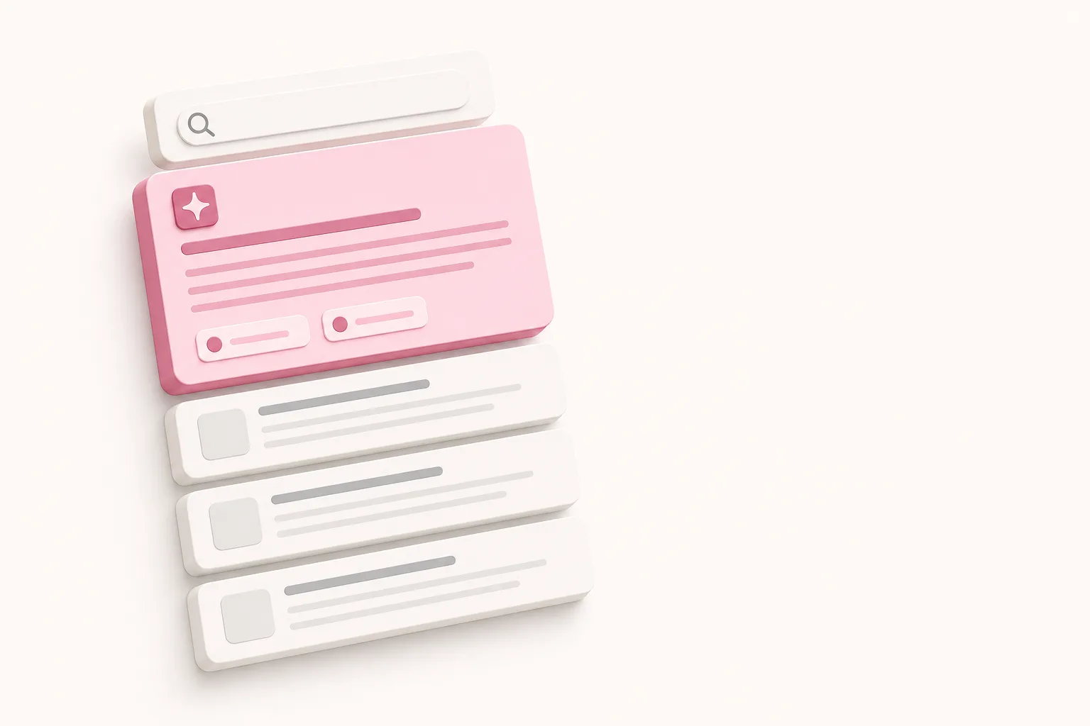 Ilustração isométrica de uma caixa de resposta de IA rosa no topo de uma lista de links, com uma marca e fontes citadas