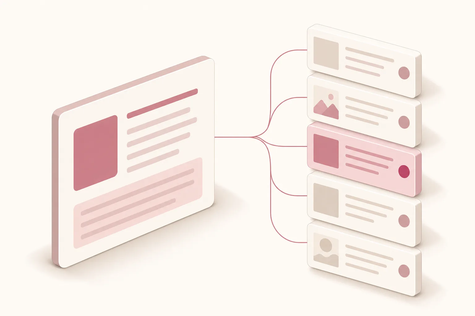 Ilustração isométrica de um cartão de resposta ligado por linhas a vários cartões de fontes da web numerados, com um dos cartões de fonte destacado em rosa sobre fundo off-white