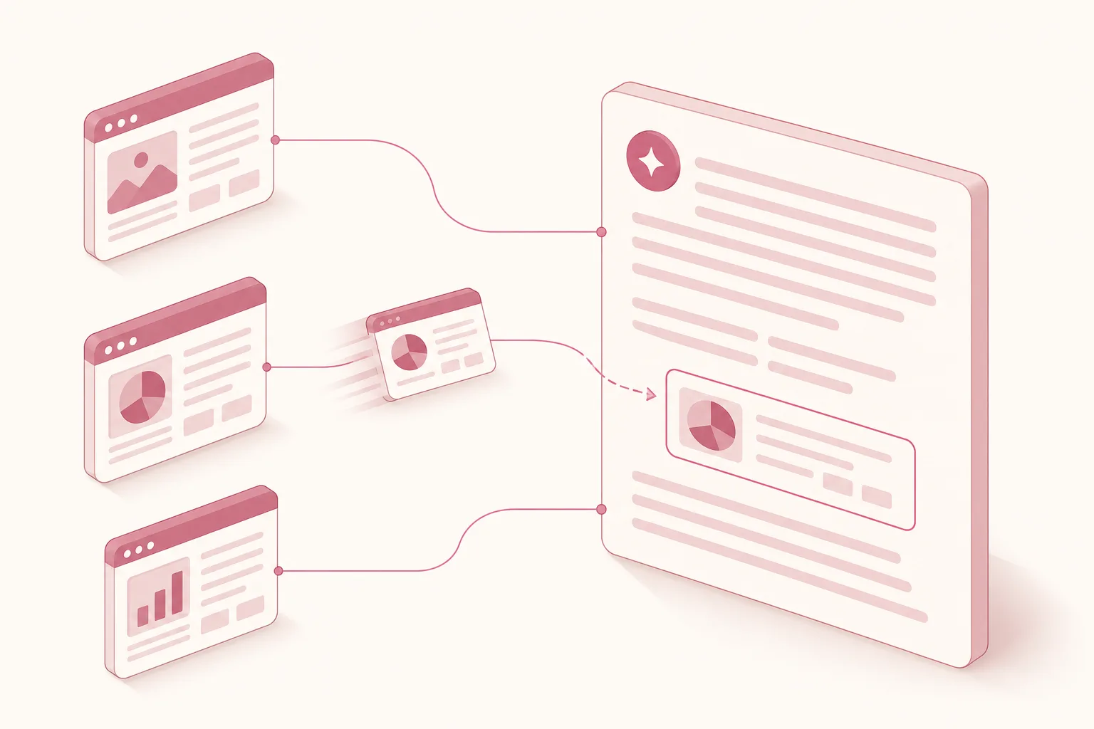 Ilustração isométrica de um painel de chat puxando cartões de fontes da web e trazendo um de volta como citação, com o cartão citado destacado em rosa sobre fundo off-white