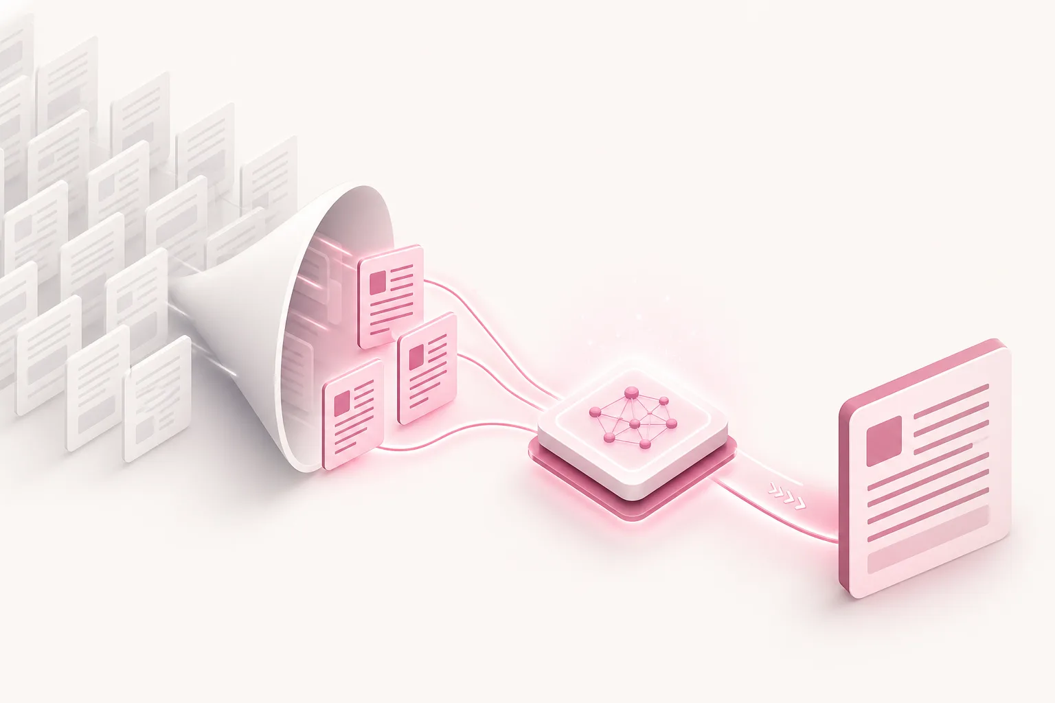 Ilustração isométrica de respostas de IA puxando linhas até as fontes que escolheu citar, em paleta rosa e off-white