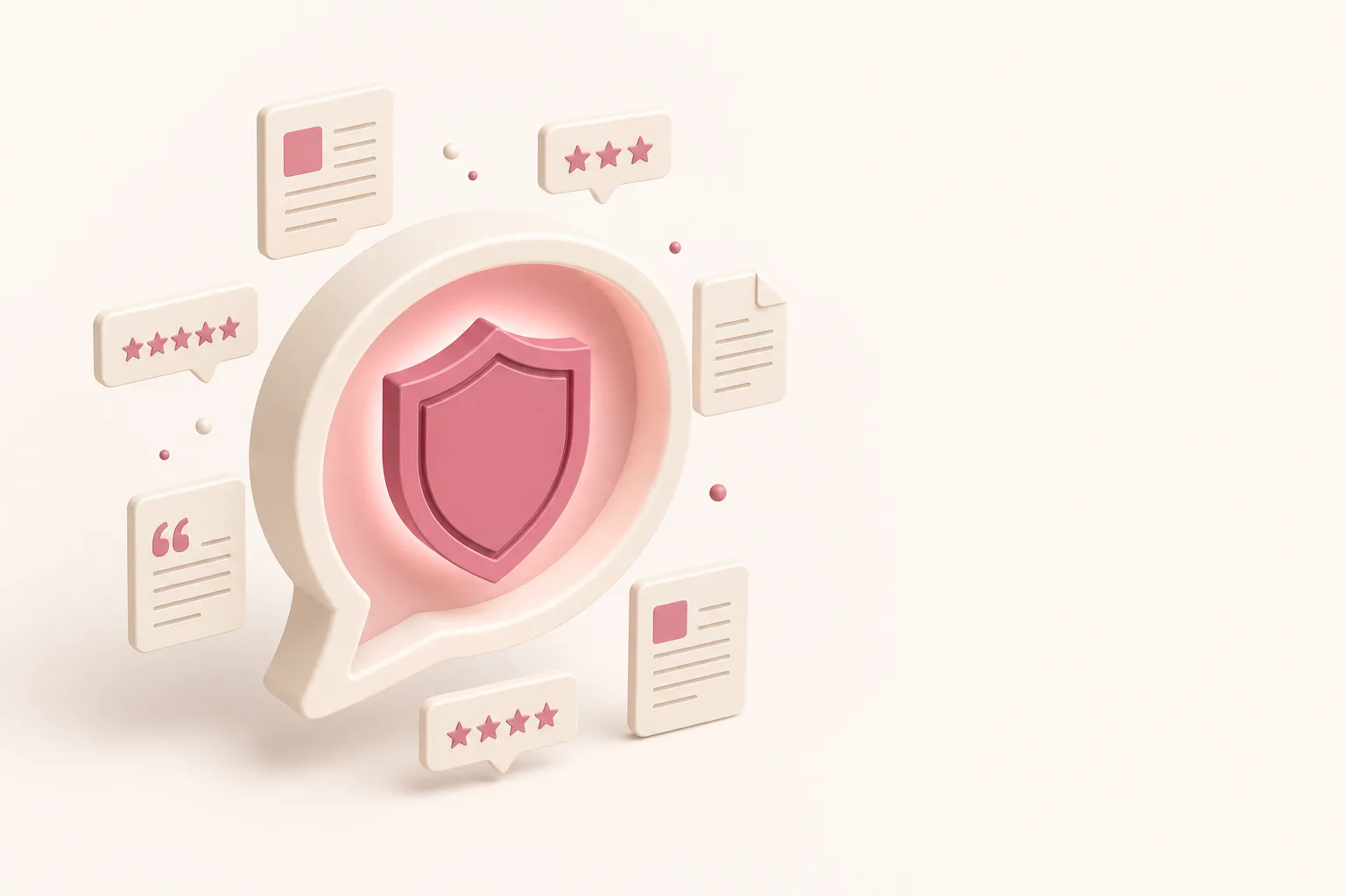 Ilustração isométrica de um escudo de marca dentro de um balão de resposta de IA, cercado por ícones de documentos e avaliações