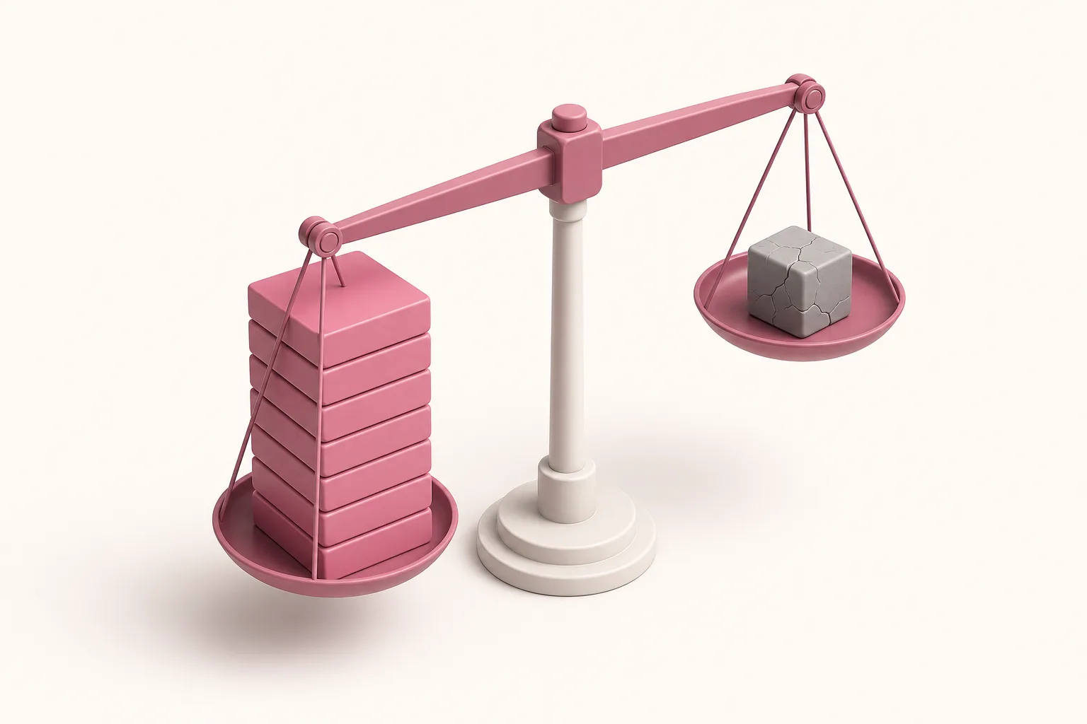 Ilustração isométrica de uma balança em que uma pilha de blocos de conteúdo positivo supera um pequeno bloco negativo