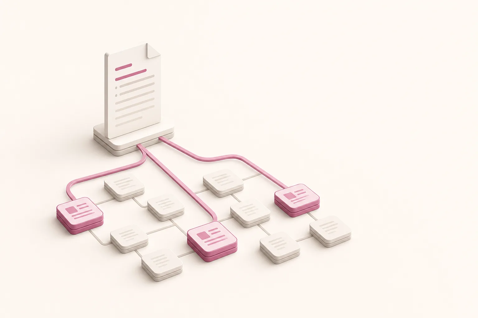 Ilustração isométrica de um arquivo de texto na raiz de um site apontando caminhos para poucas páginas selecionadas, em rosa sobre fundo off-white