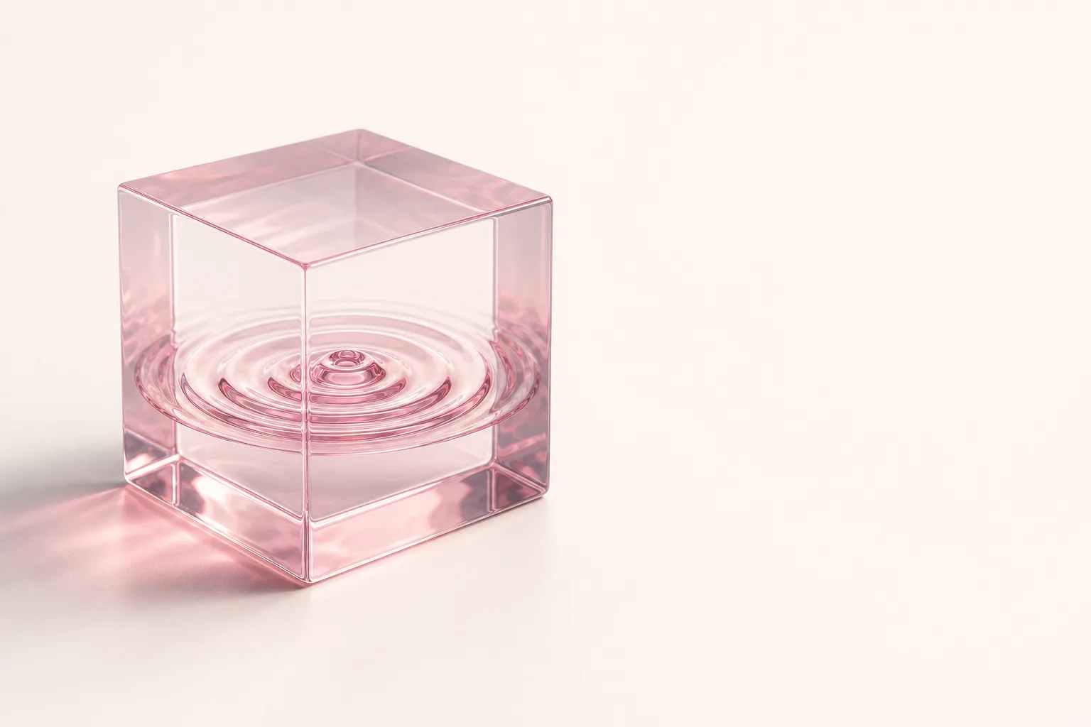 Ilustração isométrica de uma onda concêntrica congelada dentro de um cubo de vidro translúcido, sóbria, sobre fundo bege