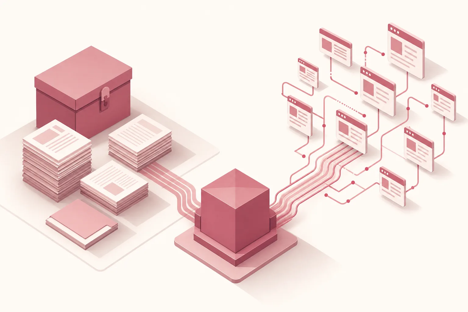 Ilustração isométrica de dois caminhos de conhecimento convergindo em um nó central de modelo de IA, um vindo de uma pilha de documentos estática e outro de um fluxo de web em tempo real, em paleta rosa e off-white
