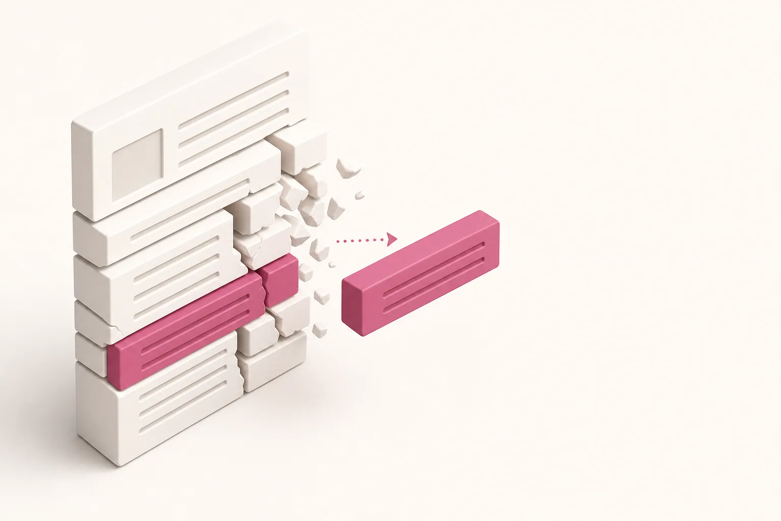 Ilustração isométrica de uma página fatiada em blocos, com um bloco rosa inteiro e autossuficiente se destacando dos demais