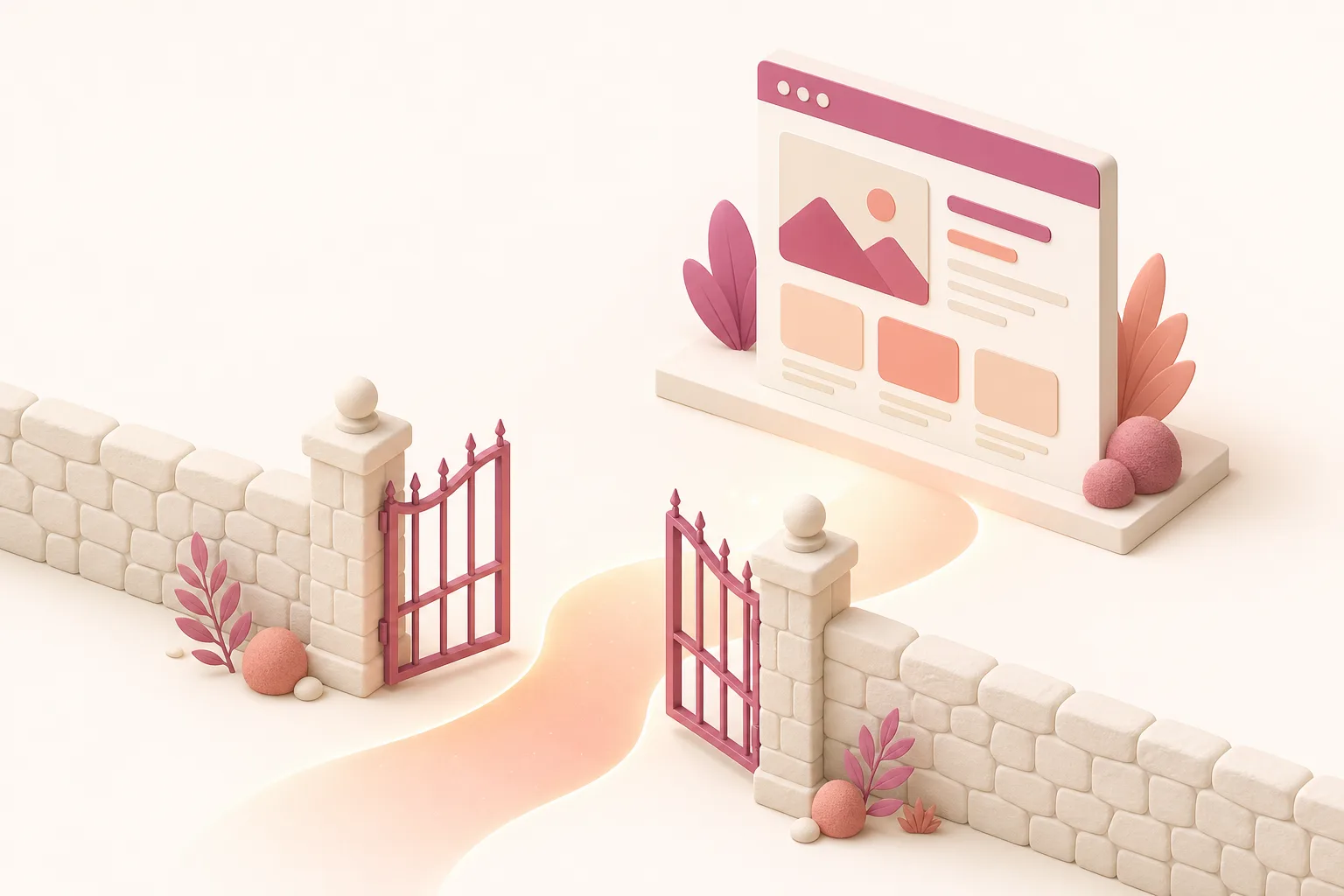Ilustração isométrica de um portão aberto em um muro baixo, com um caminho levando a uma estrutura de site, representando acesso liberado para crawlers de IA