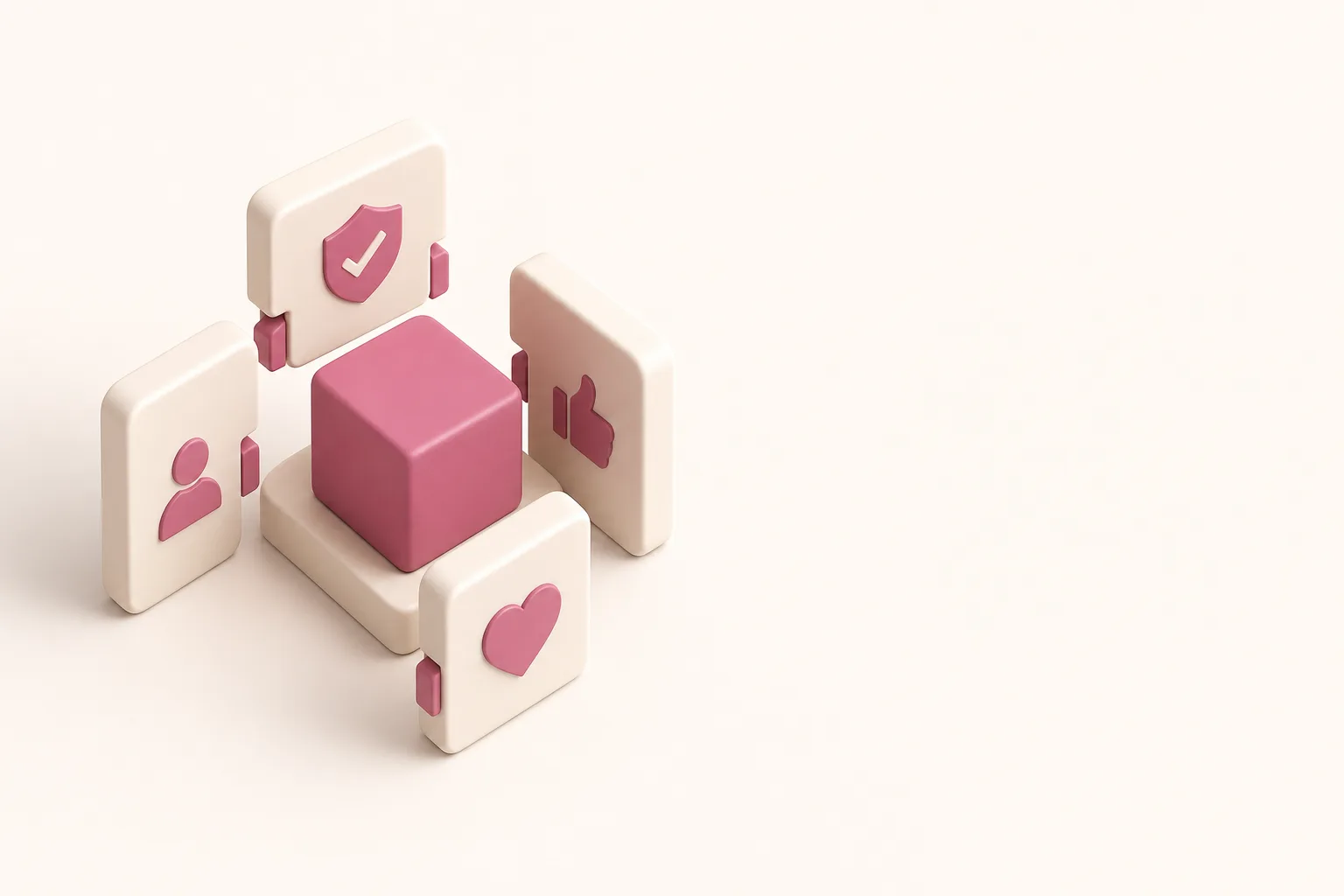 Ilustração isométrica de um pequeno cubo de marca cercado por quatro selos que formam um escudo de confiança, sobre fundo bege