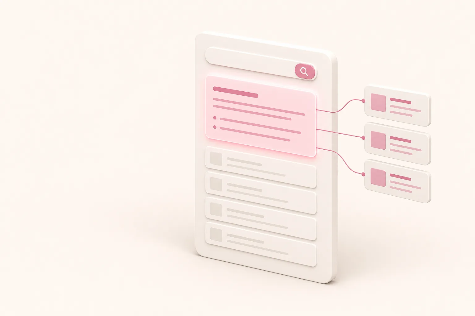 Ilustração isométrica de uma página de busca com um bloco de resposta de IA acima da lista de resultados, ligado por linhas a cartões de fontes, em rosa sobre fundo off-white