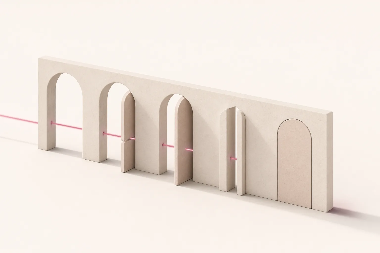 Ilustração isométrica de portais com aberturas diferentes; um feixe rosa atravessa os abertos e para no fechado