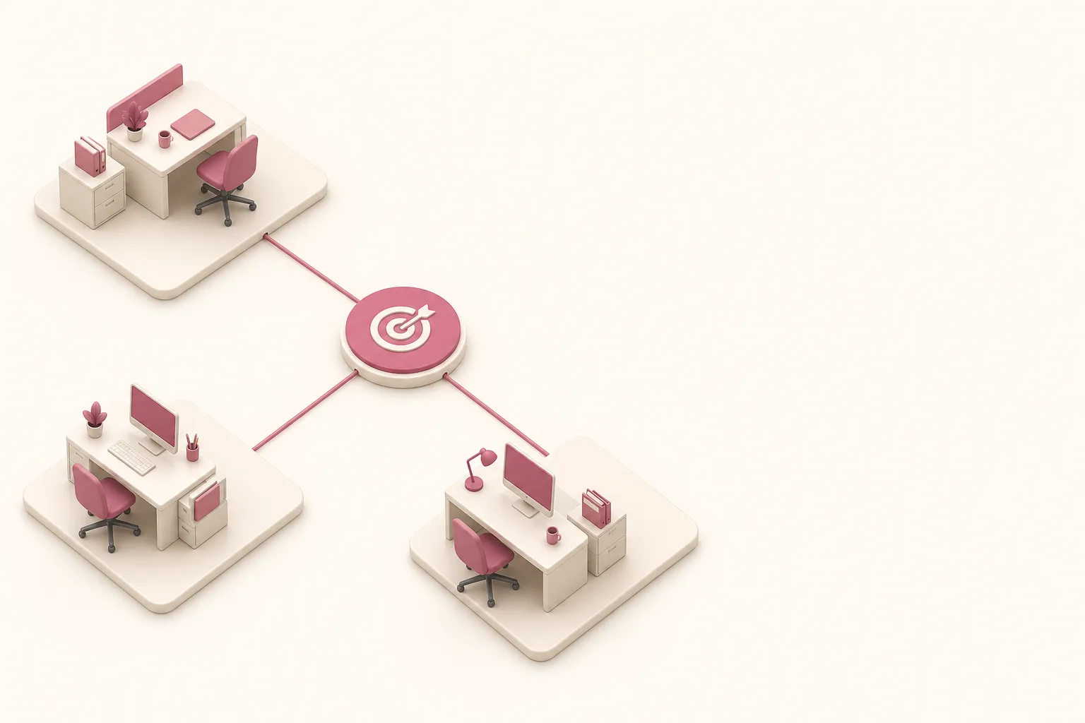 Ilustração isométrica de três mesas de trabalho ligadas convergindo para uma tarefa central compartilhada, sobre fundo bege