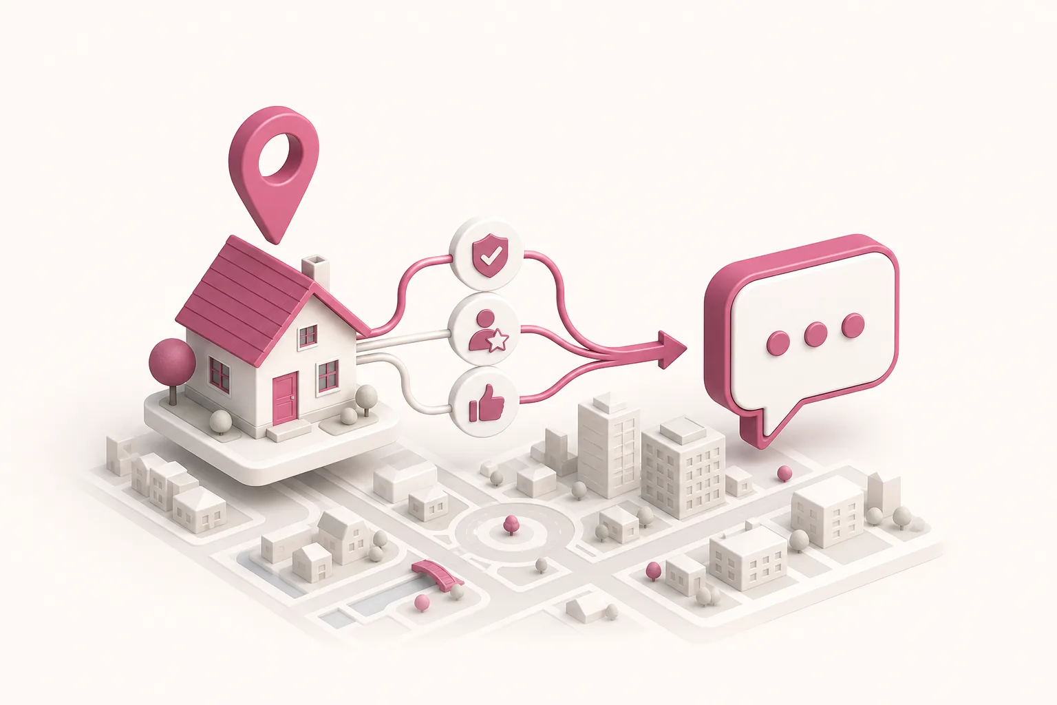 Ilustração isométrica de uma imobiliária com placa de venda e alfinete de mapa dentro de um balão de resposta de IA