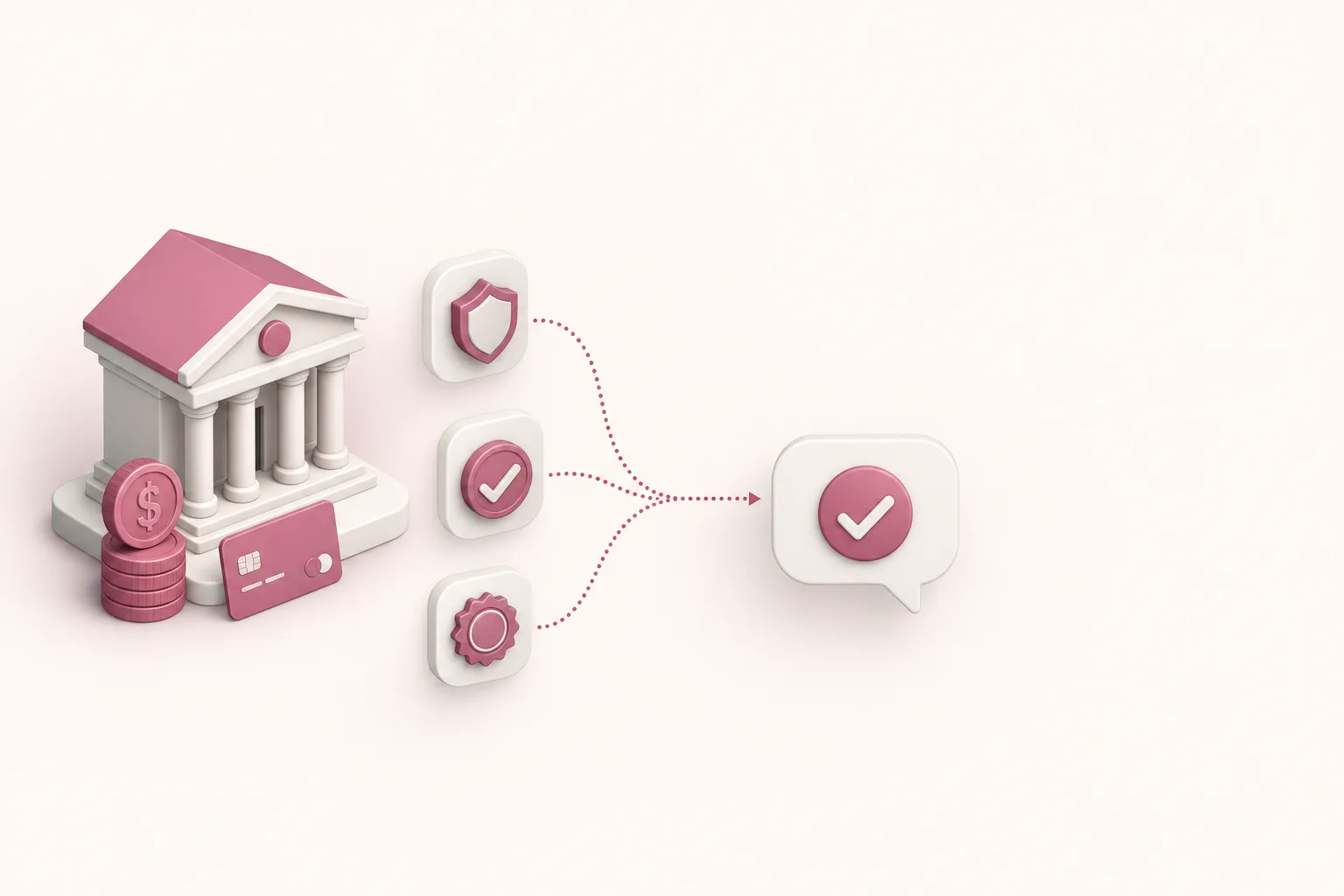 Ilustração isométrica de um banco com moeda e cartão cercados por selos de confiança, alimentando um balão de resposta