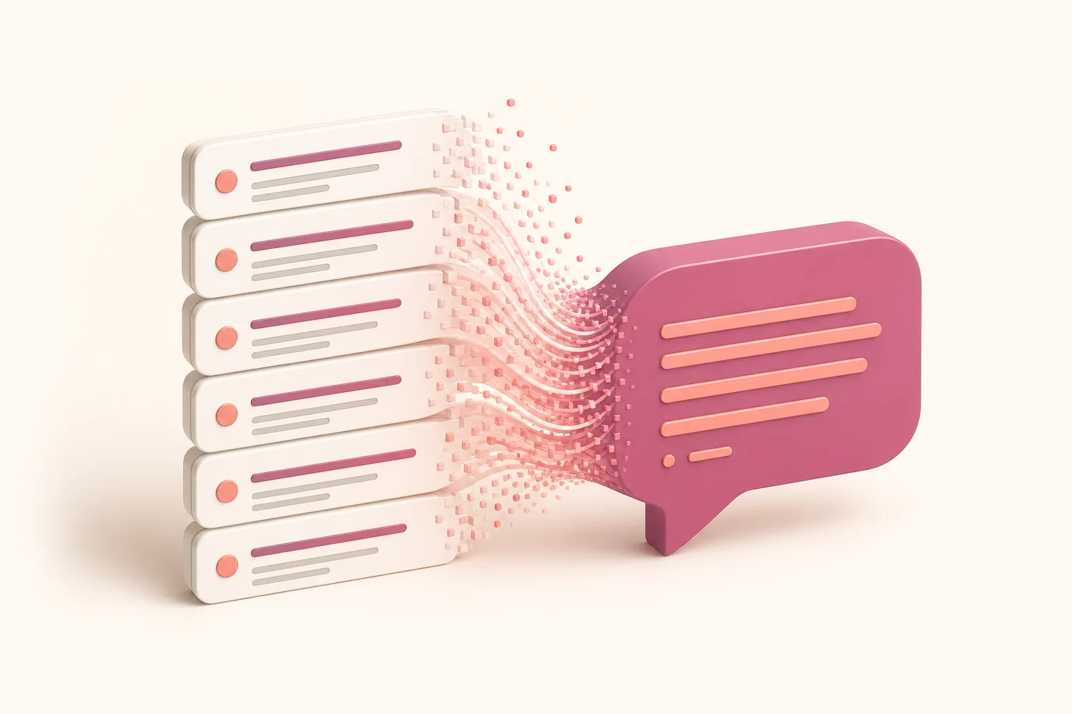 Ilustração isométrica de uma lista de links se transformando em um único balão de resposta de IA, com destaque rosa sobre fundo bege