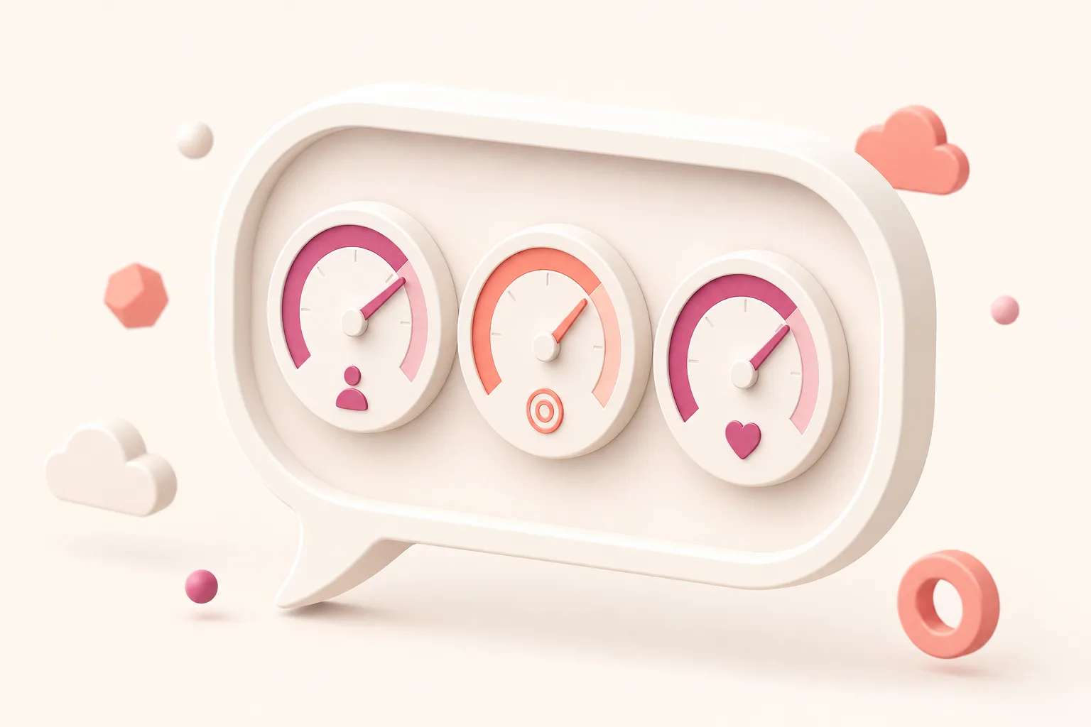 Ilustração isométrica de um painel de reputação de marca dentro de um balão de resposta de IA, com medidores de presença, precisão e sentimento em rosa sobre fundo bege