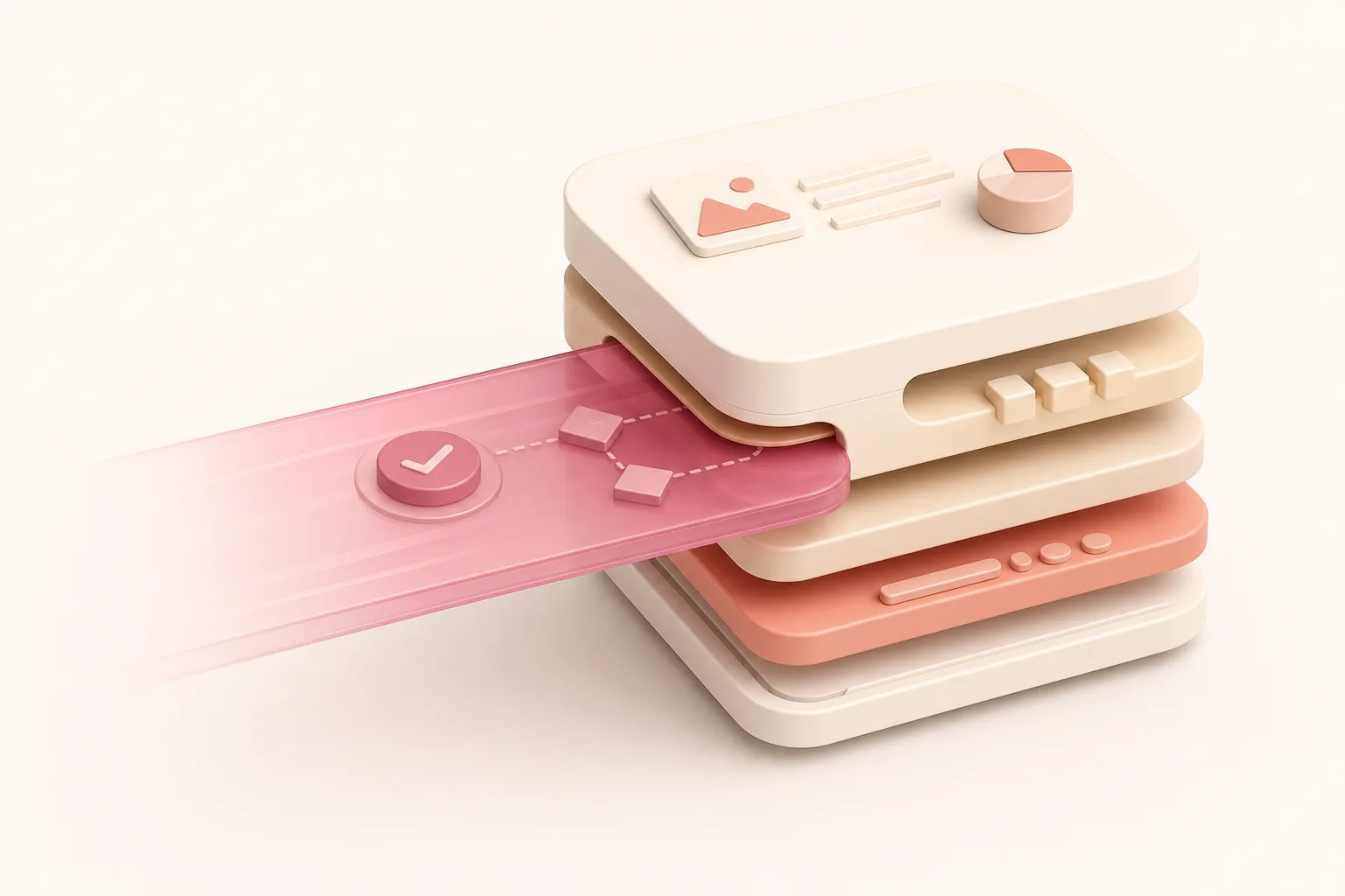 Ilustração isométrica de uma pilha de camadas de fluxo de conteúdo, com uma nova camada rosa translúcida deslizando para dentro da pilha