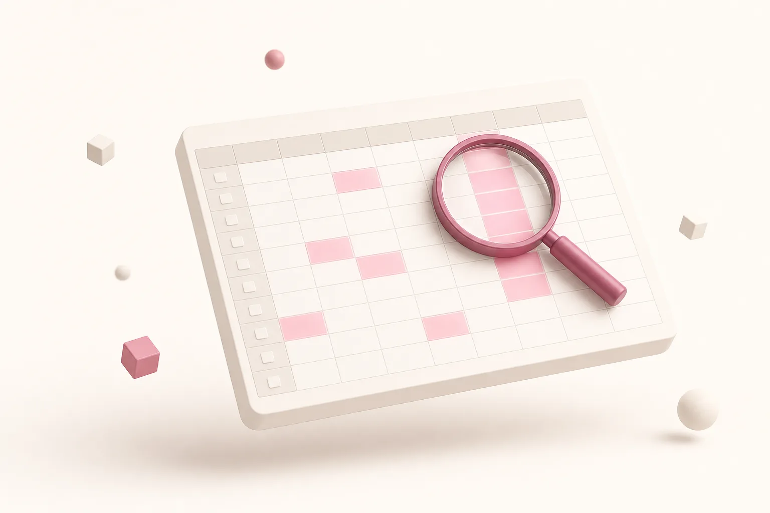 Ilustração editorial isométrica de uma planilha estilizada flutuando no espaço, com algumas células acesas em rosa marcando onde uma marca foi citada, e uma lupa sobre uma coluna