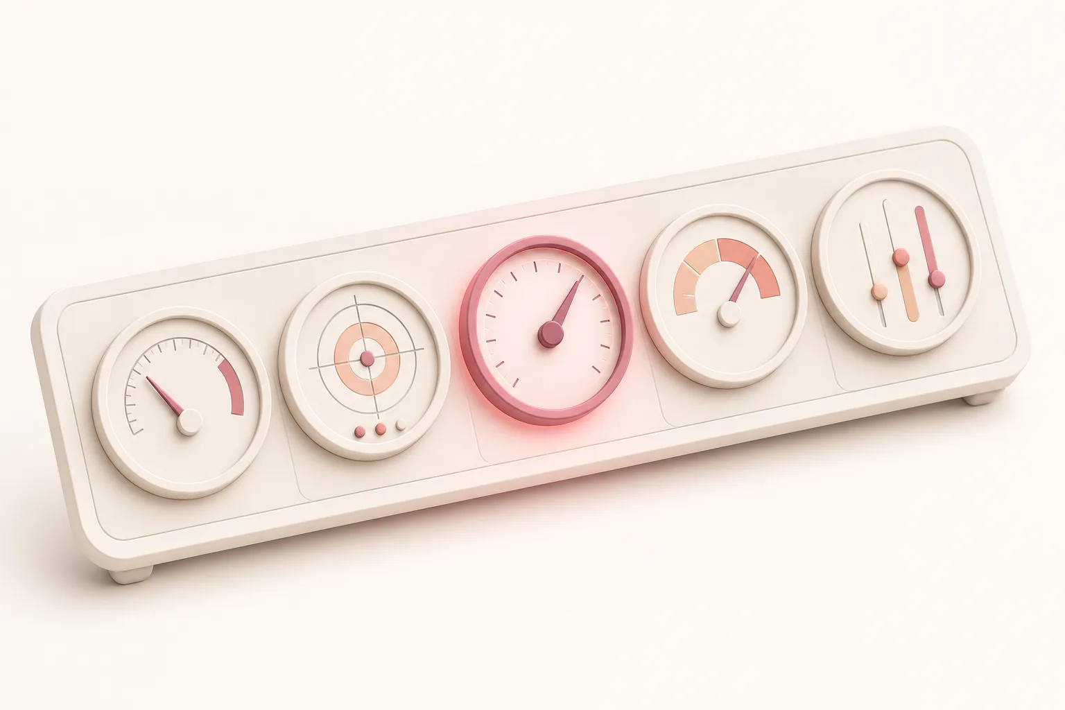 Ilustração isométrica de um painel com cinco instrumentos de medição distintos, cada um representando uma métrica de visibilidade em IA, com um deles destacado em rosa sobre fundo off-white