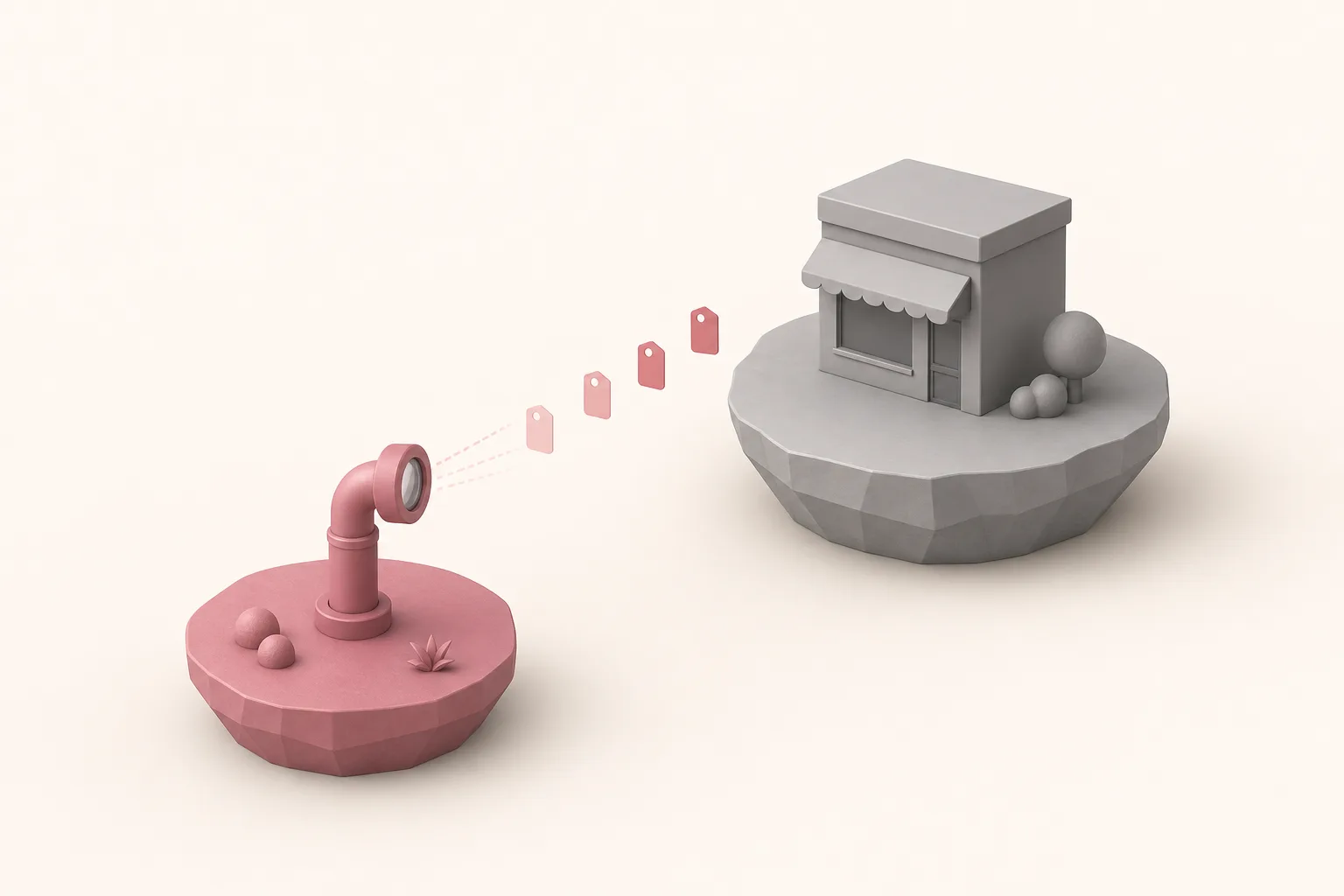 Ilustração isométrica de um periscópio rosa observando à distância uma plataforma cinza de um concorrente, sem tocá-la