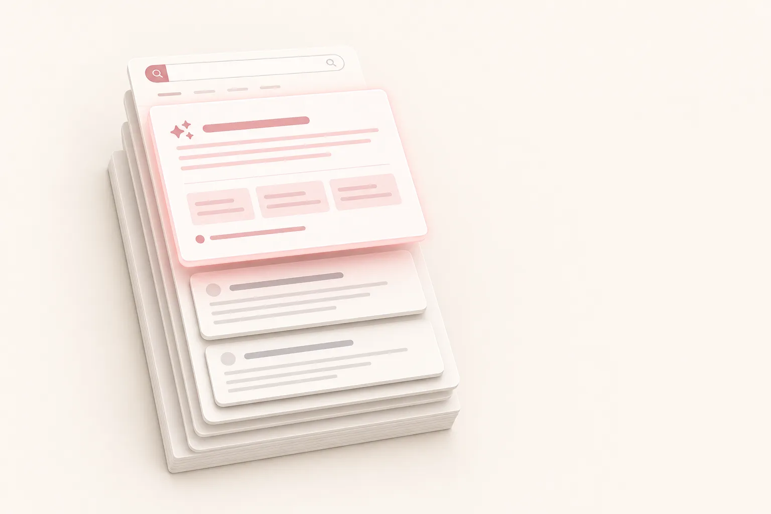 Ilustração isométrica de resultados de busca empilhados, com bloco de IA flutuando acima dos links orgânicos