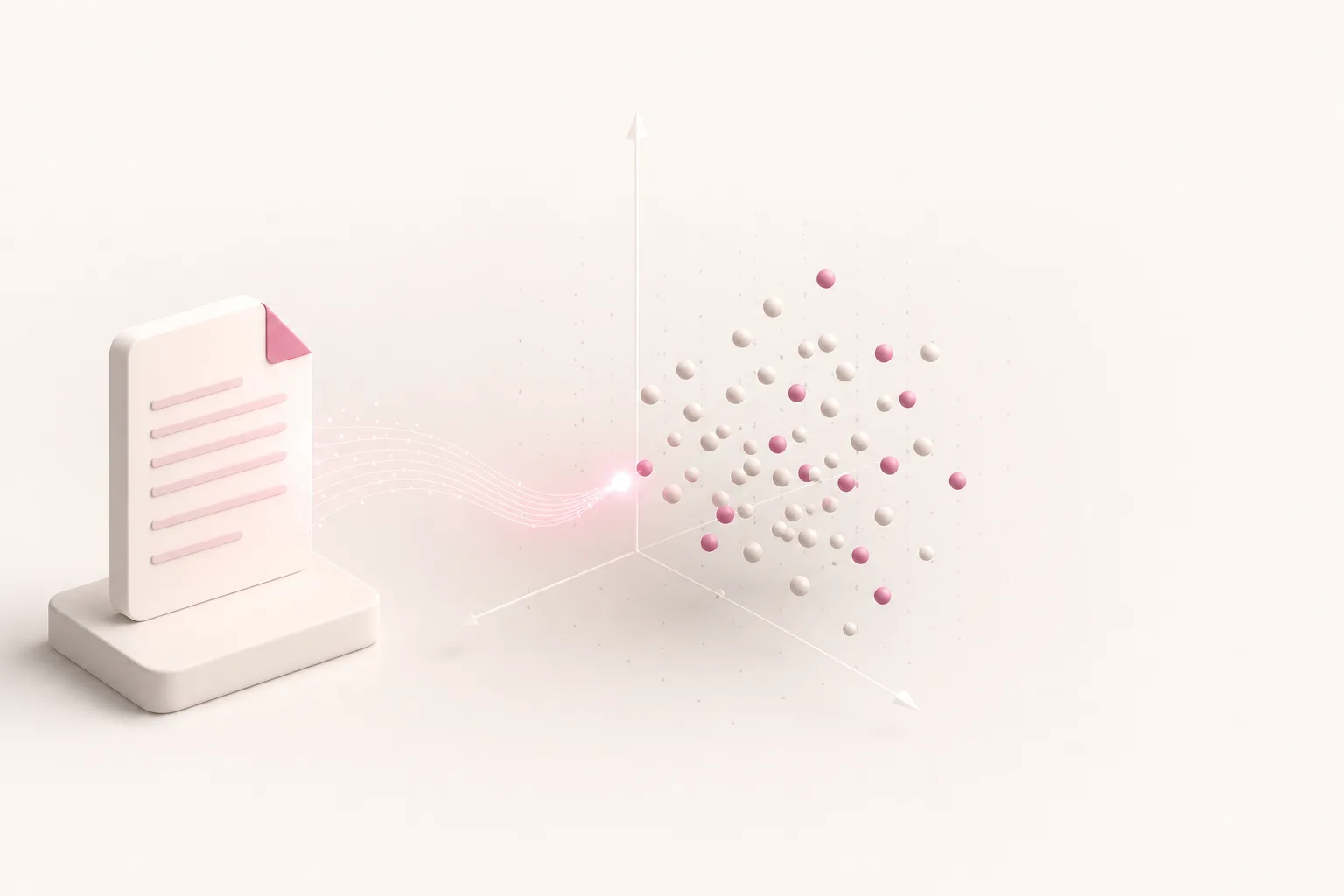 Ilustração isométrica de um documento virando um ponto que se junta a um agrupamento de pontos próximos num espaço tridimensional, sobre fundo bege