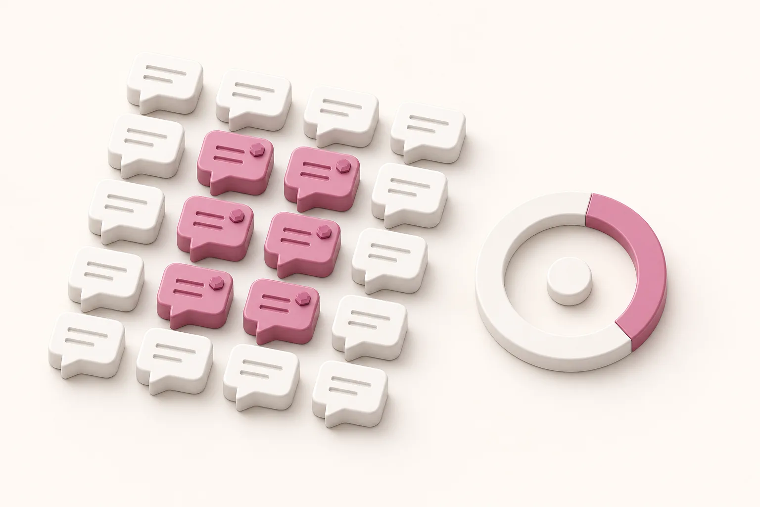 Ilustração isométrica de uma grade de balões de resposta, parte deles destacada em rosa, ao lado de um medidor circular