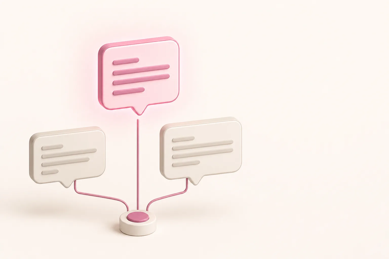 Ilustração isométrica de uma mesma pergunta gerando três balões de resposta levemente diferentes, com um deles destacado em rosa, sobre fundo off-white
