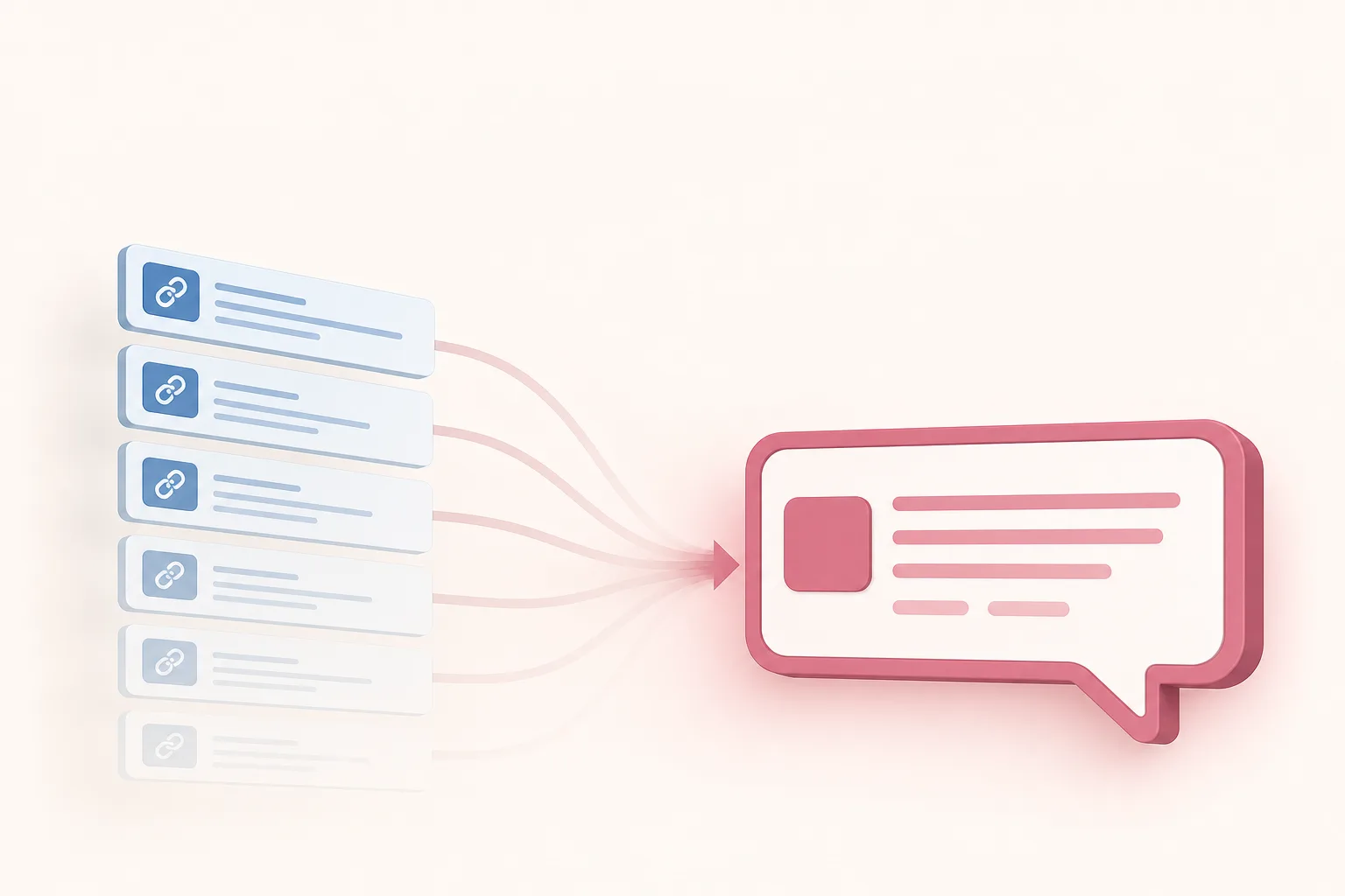 Ilustração isométrica de uma lista de links de busca se comprimindo em um único balão de resposta de IA, em paleta rosa e off-white