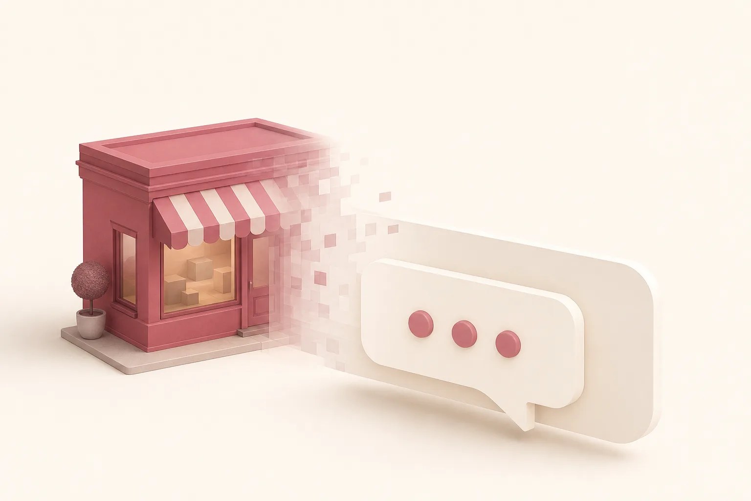 Ilustração isométrica de uma vitrine de loja pequena desfocando-se gradualmente antes de entrar em um balão de conversa de IA, com destaque em rosa sobre fundo off-white
