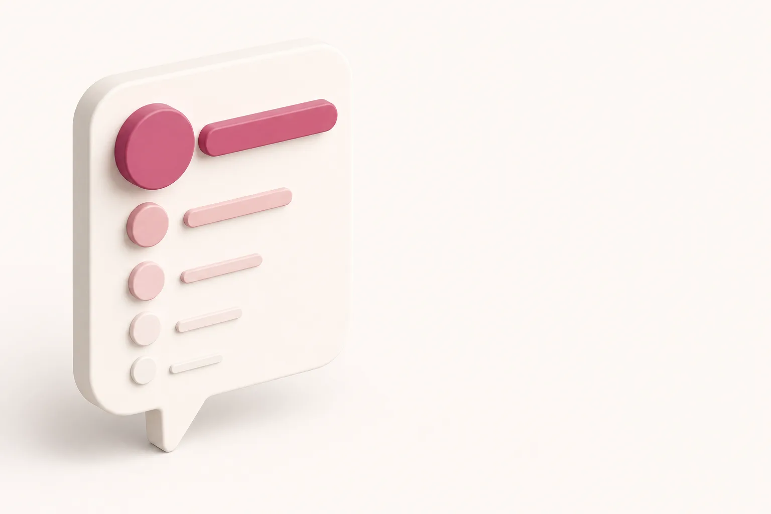Ilustração isométrica de uma lista num balão de resposta, com o primeiro item em destaque rosa e os de baixo esmaecidos
