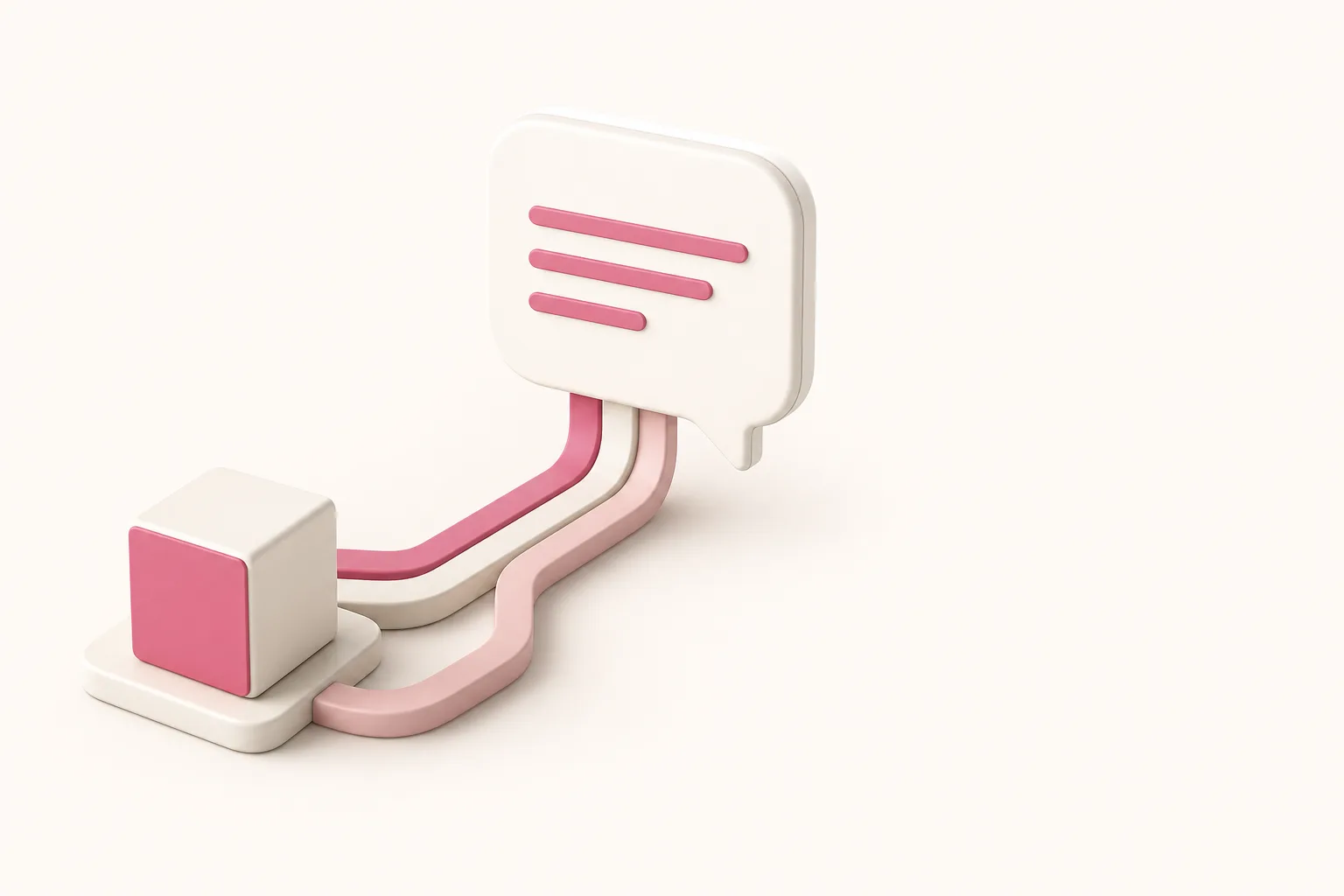 Ilustração isométrica de um cubo de marca com três caminhos convergindo para um grande balão de resposta de IA, sobre fundo bege