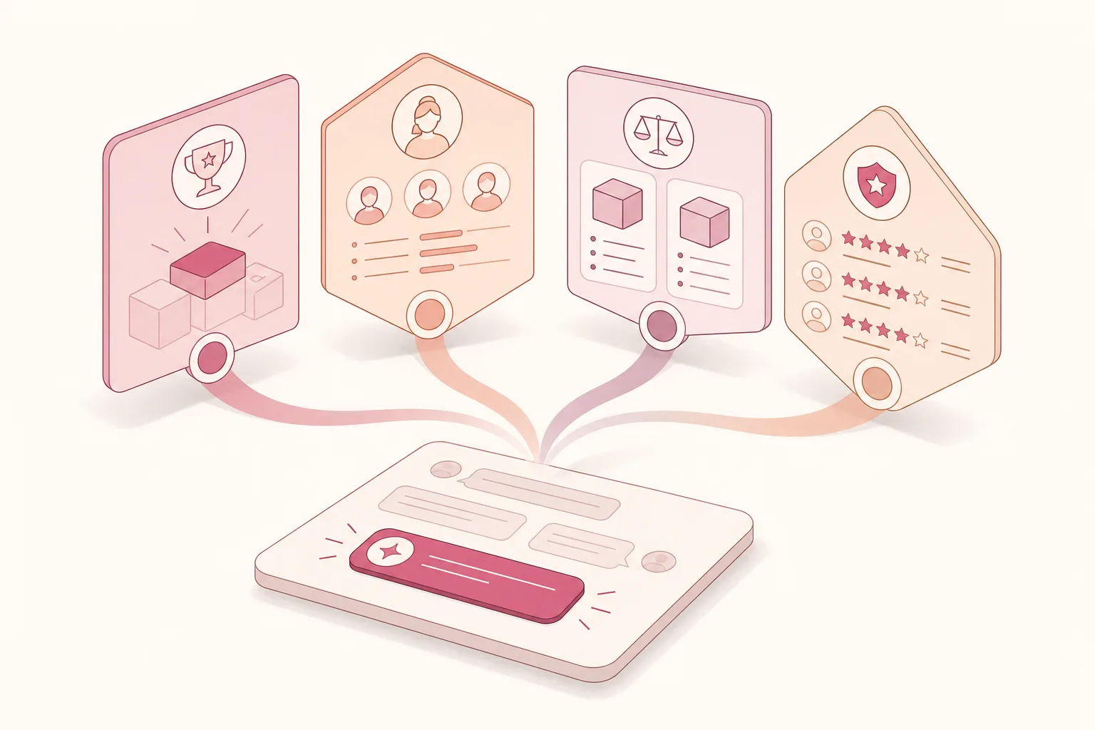Ilustração isométrica de quatro cartões de pergunta distintos sendo submetidos a uma superfície de chat estilizada, com um pequeno indicador de resultado em destaque rosa sobre fundo off-white