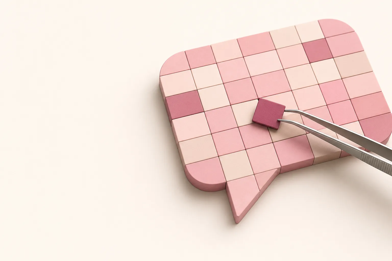 Ilustração isométrica de um balão de fala montado em pastilhas com uma peça fora do lugar sendo reposicionada por uma pinça, em rosa sobre fundo off-white