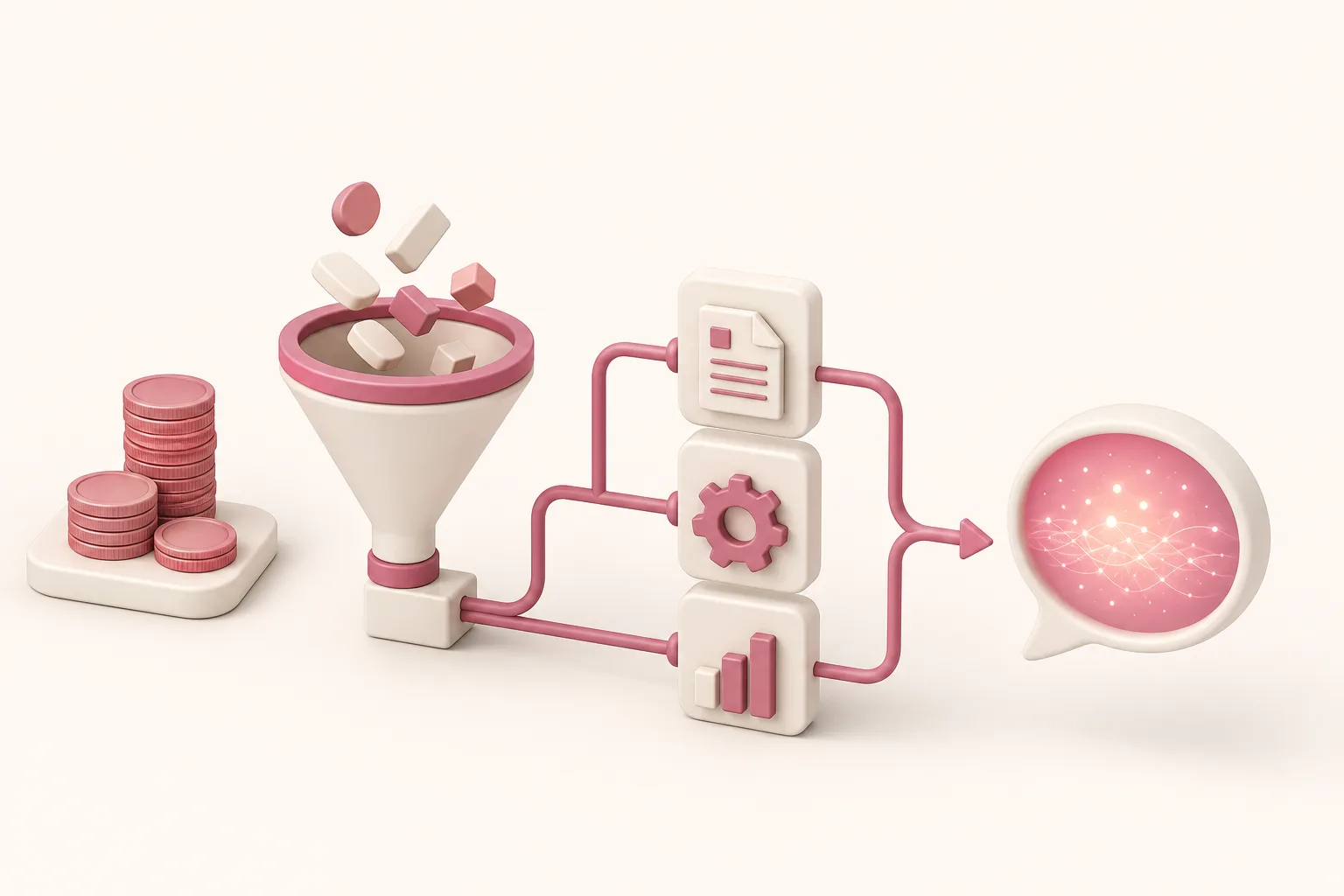 Ilustração isométrica de uma balança equilibrando moedas e blocos de conteúdo, em rosa sobre fundo off-white