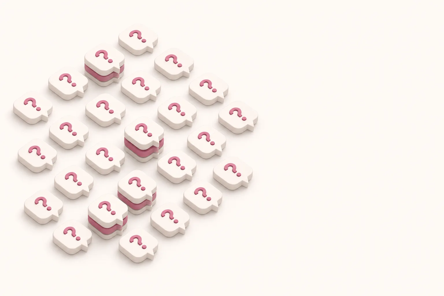 Ilustração isométrica de uma matriz de balões de pergunta em linhas, alguns empilhados em camadas para sugerir rodadas repetidas, sobre fundo bege