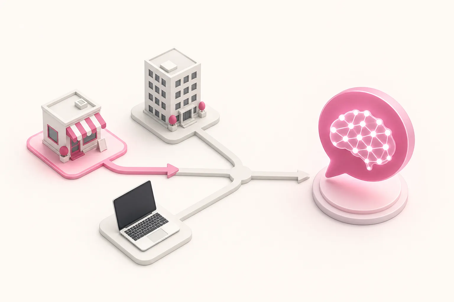 Ilustração isométrica de um lojista vendo sua marca sumir dentro de um balão de resposta de IA, em rosa sobre off-white