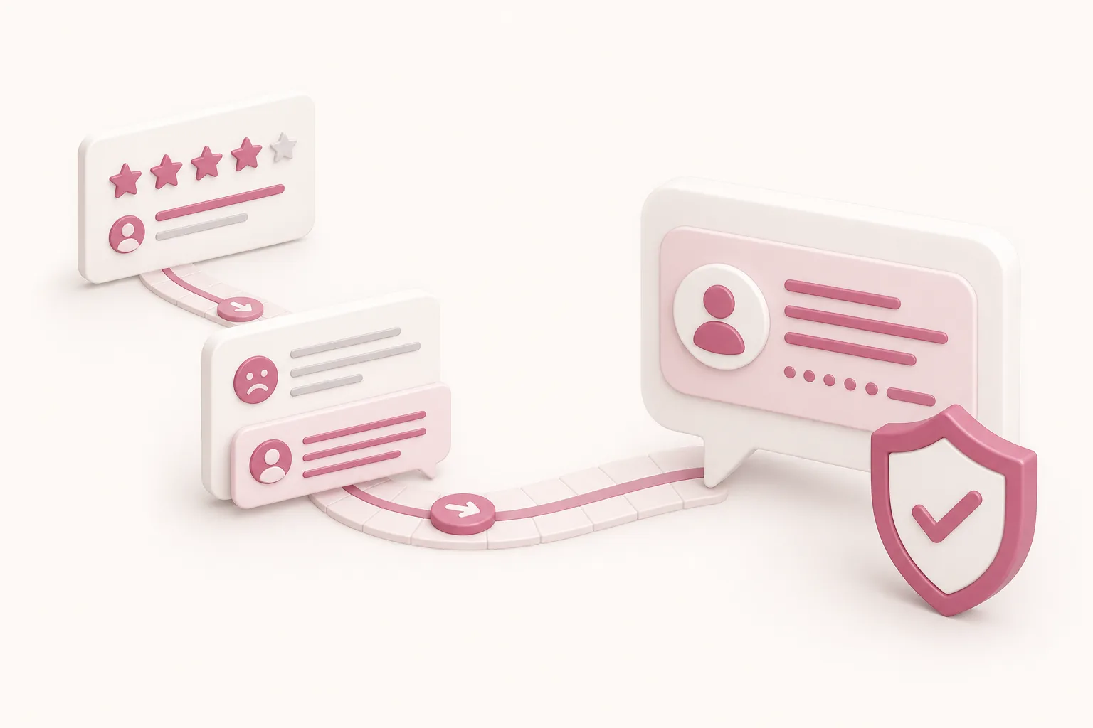 Ilustração de um perfil de avaliação de empresa sendo lido por um balão de resposta de IA, em tons rosa sobre fundo bege
