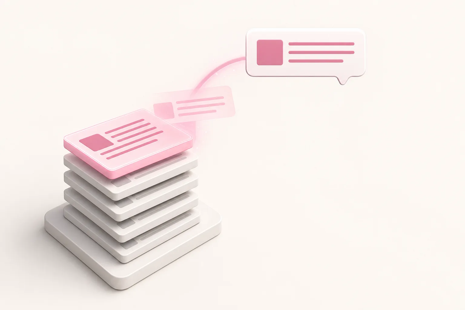 Ilustração isométrica de blocos de página com o bloco do topo em destaque rosa subindo para um balão de resposta