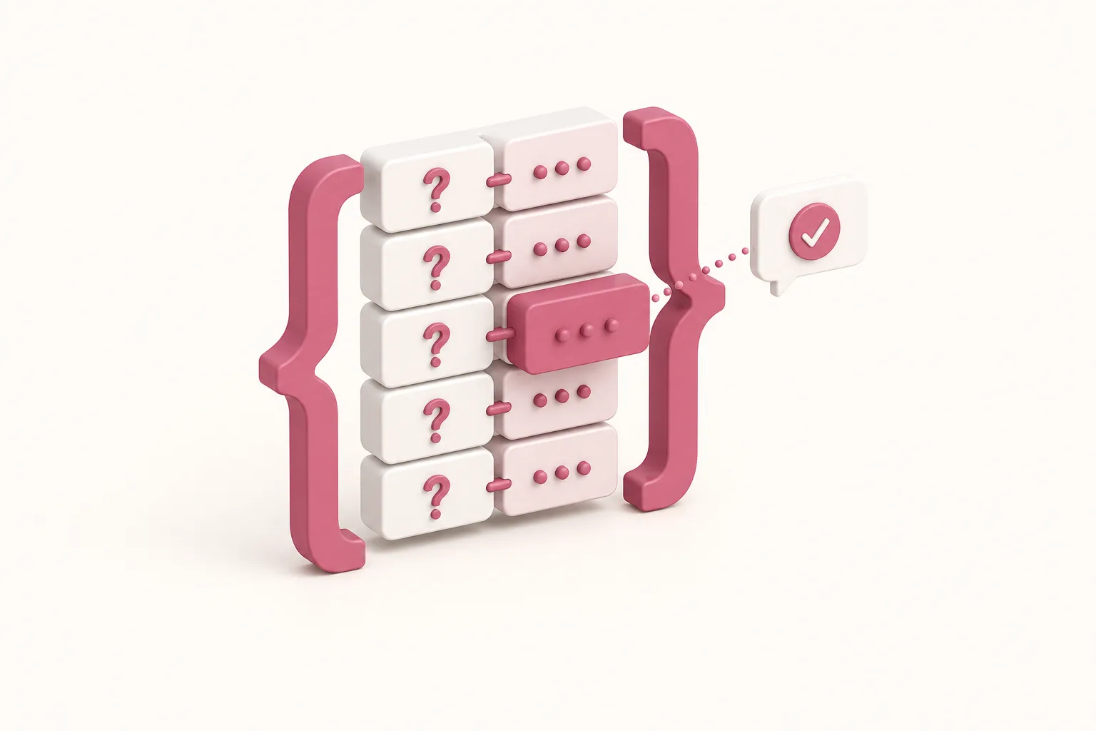 Ilustração isométrica de pares de blocos pergunta-resposta em colchetes de código, com um par extraído para um balão