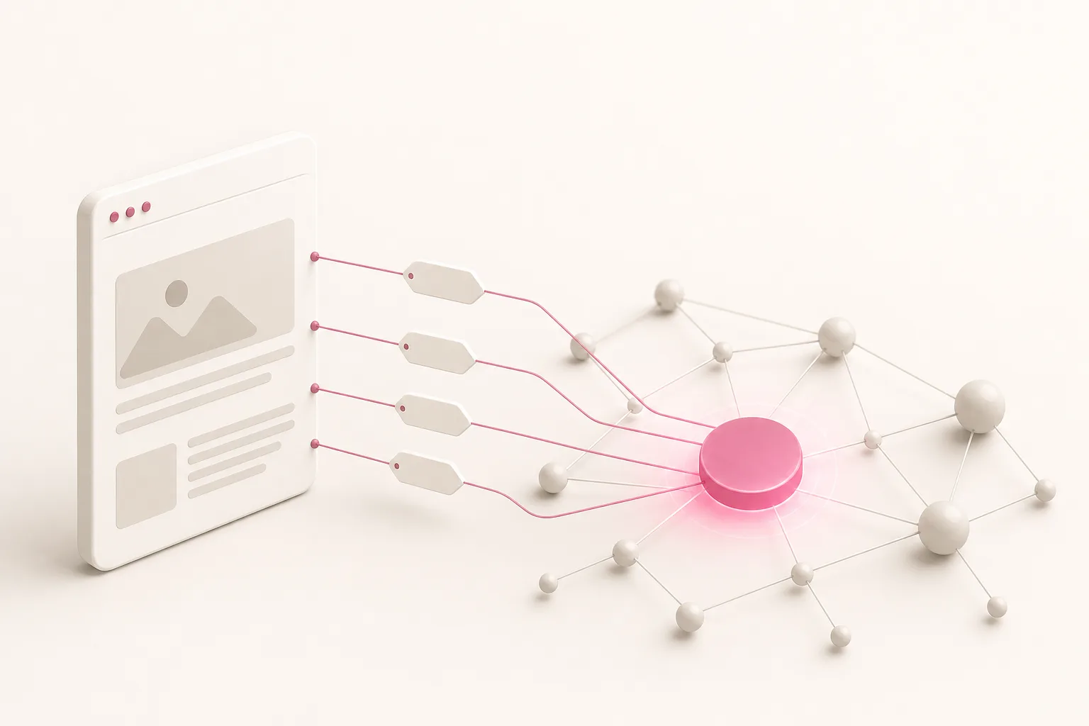 Ilustração isométrica de etiquetas de marcação conectando uma página a um nó de marca brilhante em rosa dentro de uma rede, sobre fundo off-white