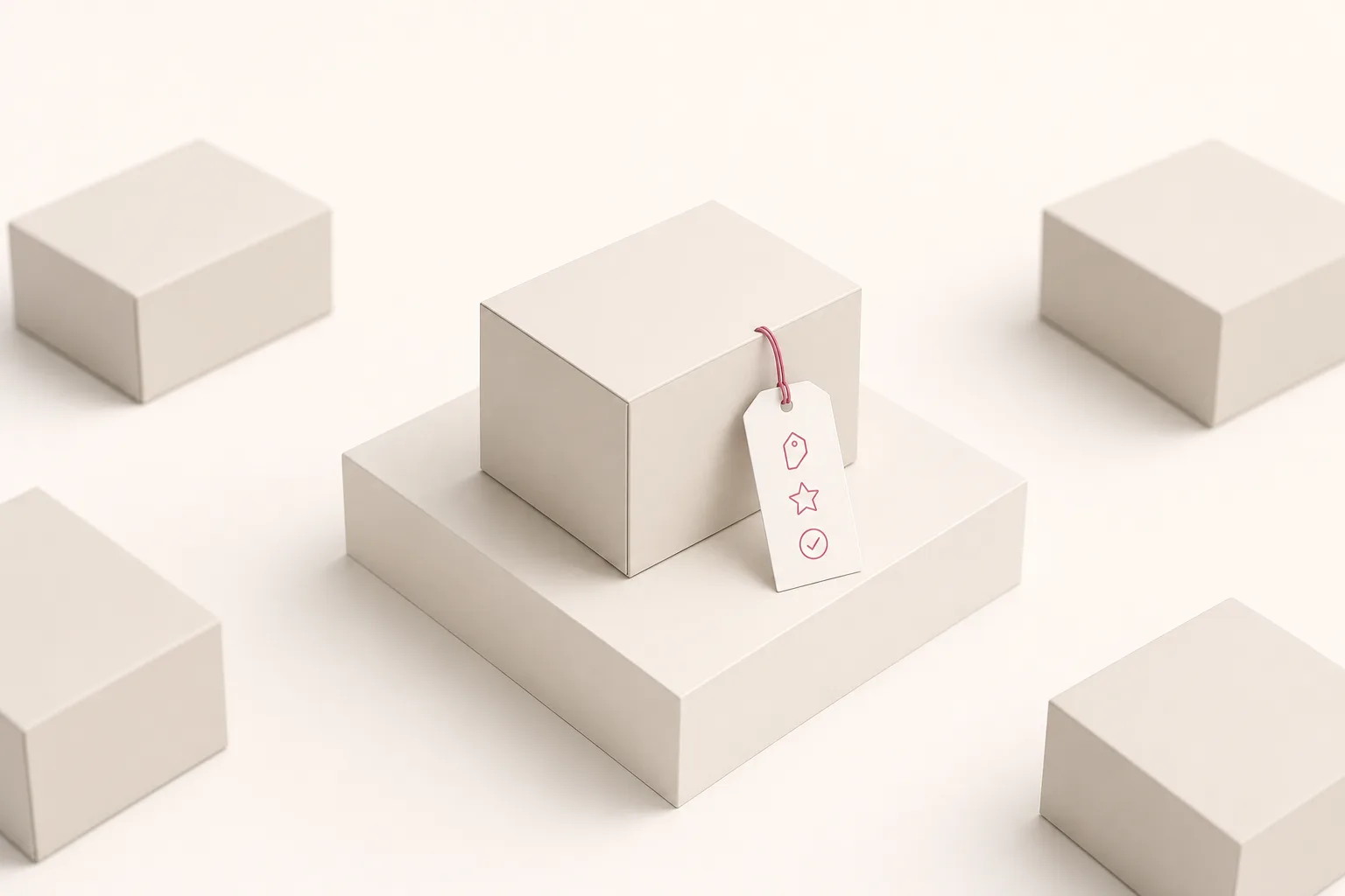 Ilustração isométrica de uma caixa de produto com etiqueta de dados presa por um fio, ao lado de caixas sem etiqueta