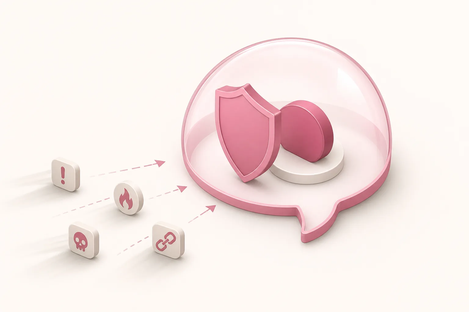 Ilustração isométrica de uma marca protegida por um escudo rosa dentro de um balão de resposta, com tokens de risco ao redor
