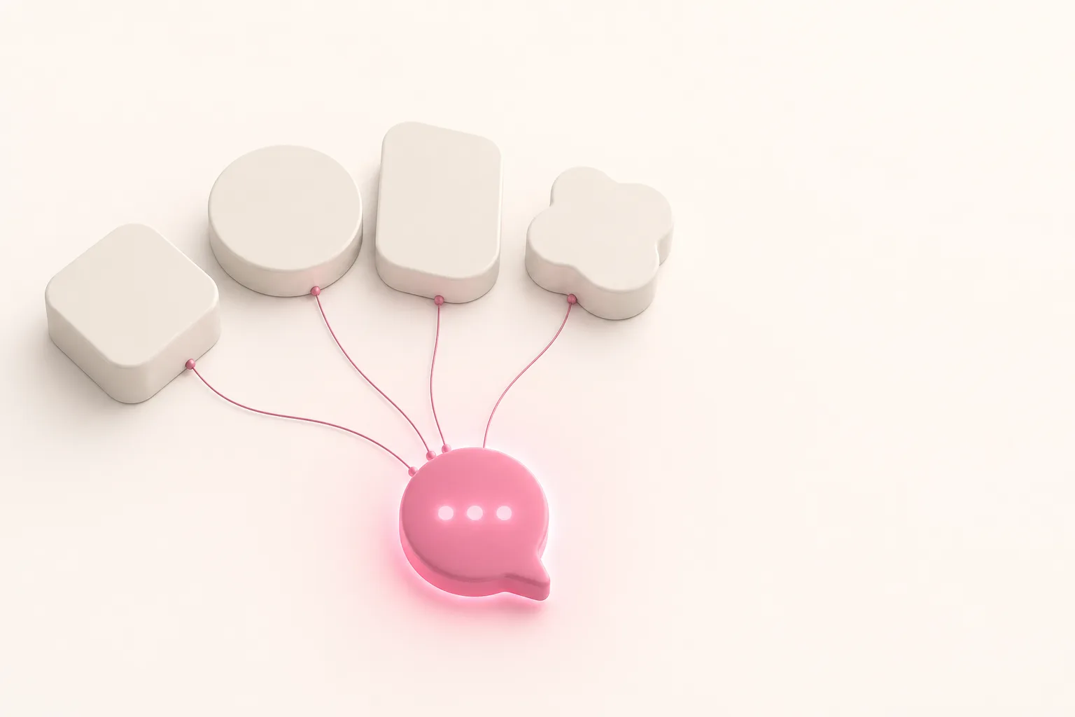 Ilustração isométrica de quatro blocos distintos convergindo por linhas para um único balão de resposta de IA em rosa, sobre fundo off-white