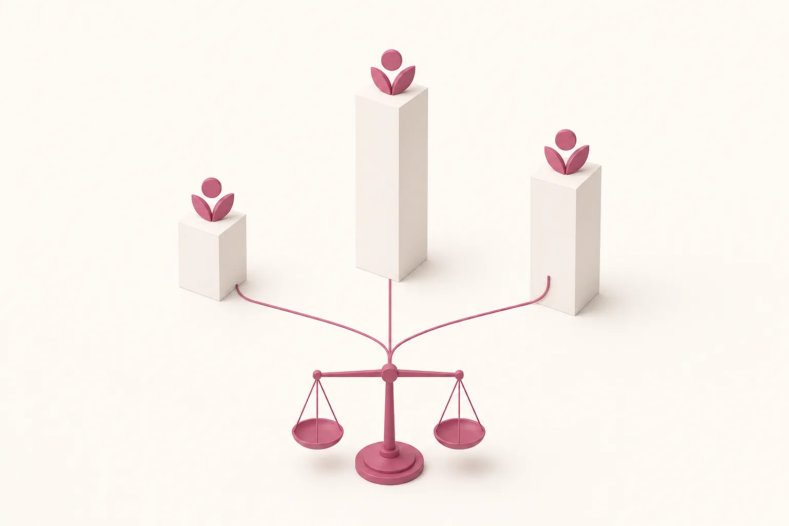 Ilustração isométrica de três pedestais com ícones de marca convergindo para uma balança central, em rosa sobre fundo bege