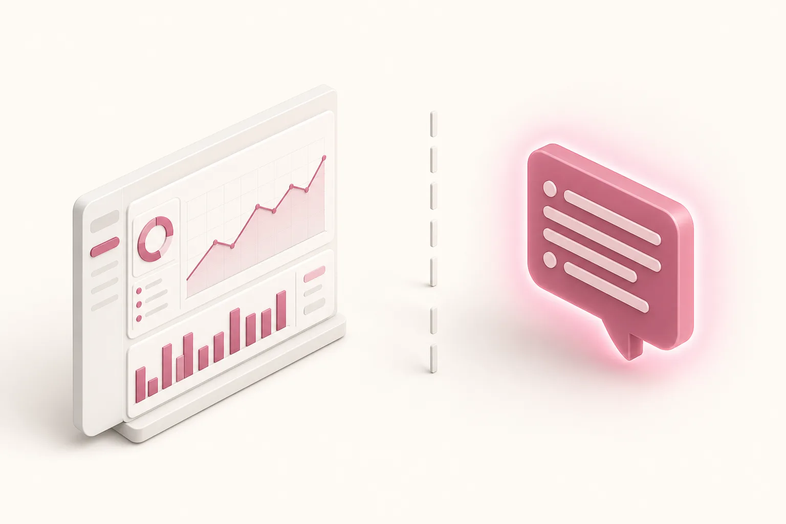 Painel do Google Analytics ao lado de um balão de resposta de IA com uma marca destacada em rosa, sobre fundo bege