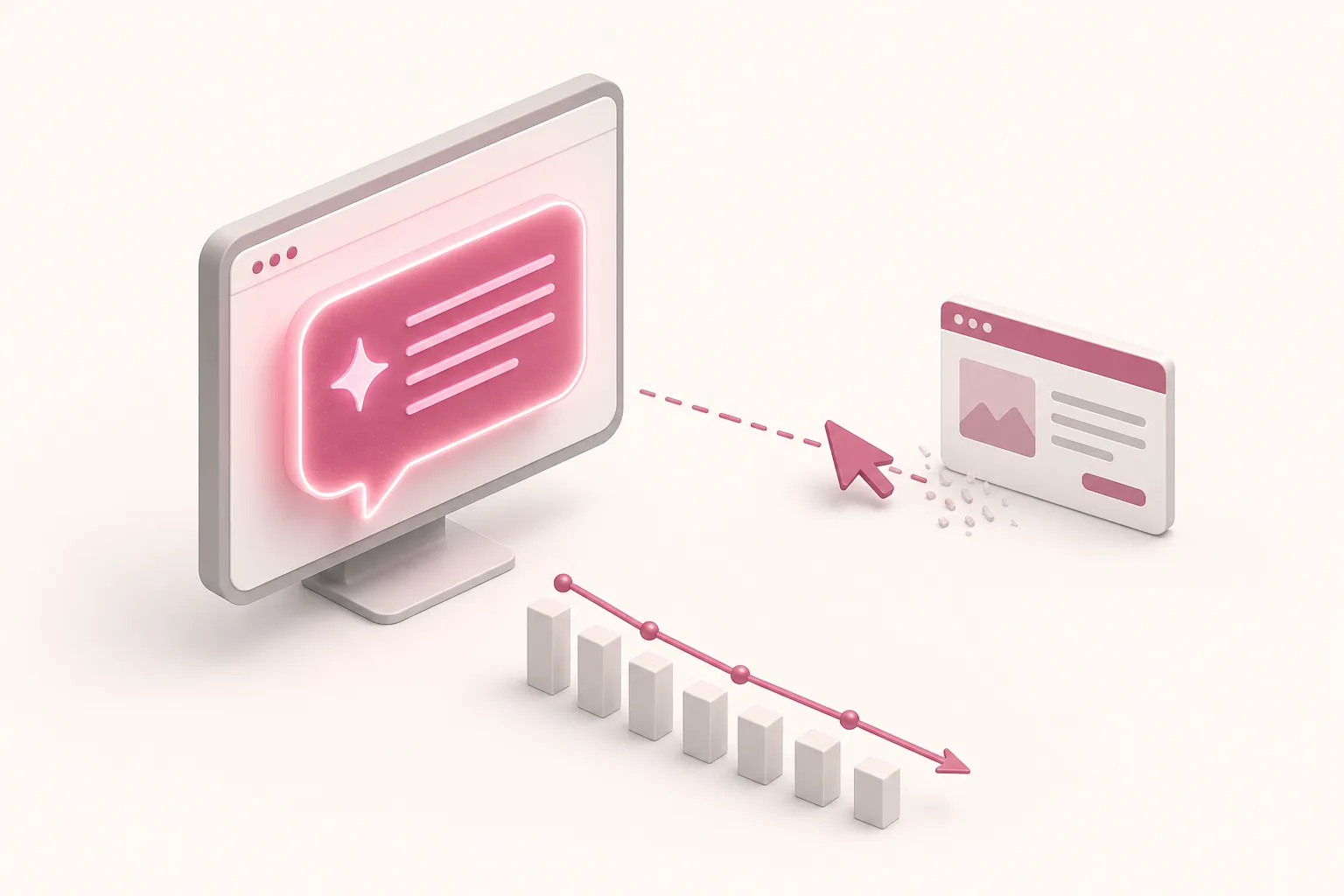 Resposta de IA na tela com uma marca citada em rosa e um clique que não chega ao site, sobre fundo bege